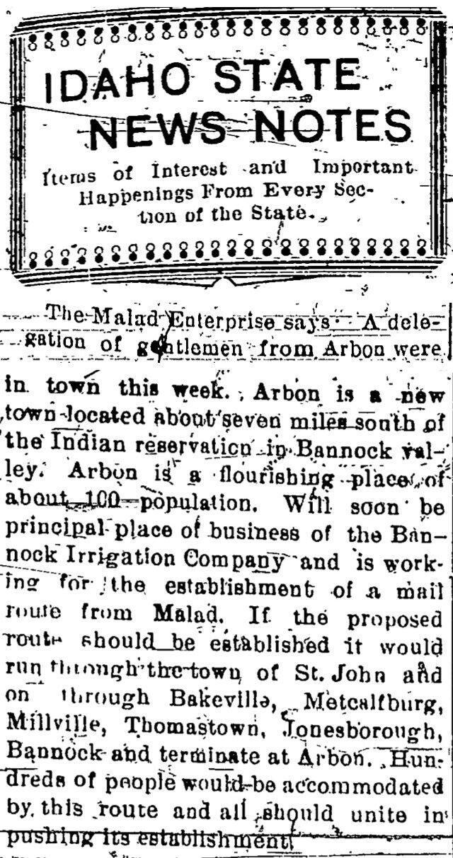 The article as printed in the Pocatello Tribune, February 23, 1898, page 7. Marshall Public Library, Pocatello.