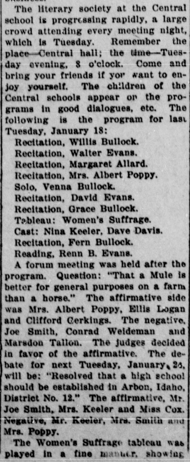 The opening of the article as printed in the American Falls Press, January 27, 1916, page 4. Library of Congress, Chronicling America.