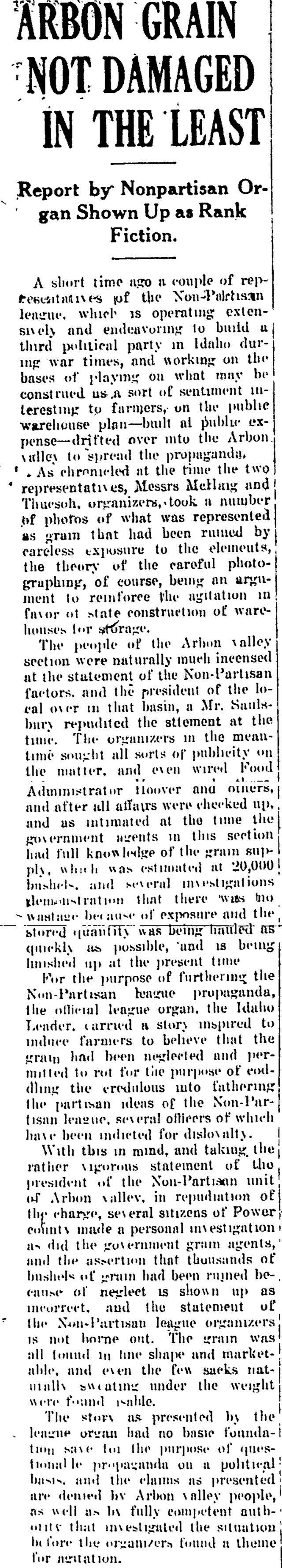 The article as printed in the Pocatello Tribune, June 3, 1918, page 2. Marshall Public Library, Pocatello.
