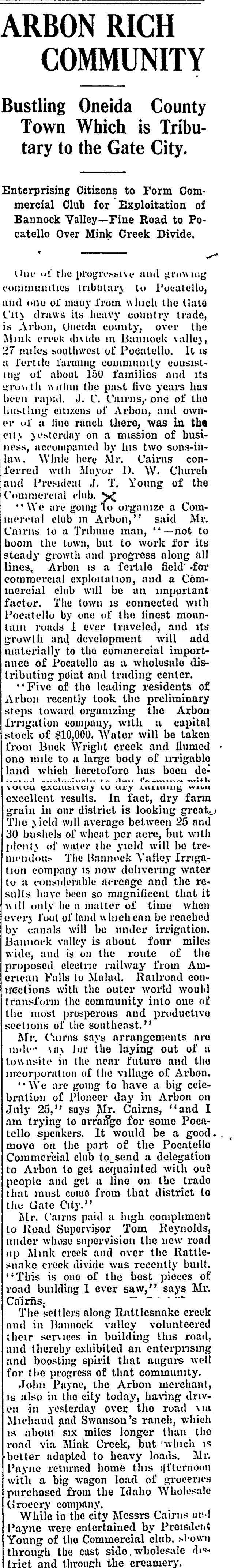 The article as printed in the Pocatello Tribune, July 15, 1910, page 1. Marshall Public Library, Pocatello.