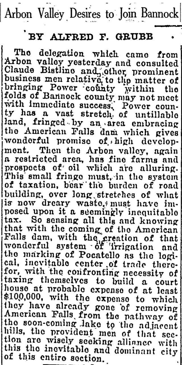 The article as printed in the Pocatello Tribune, March 12, 1924, page 3. Marshall Public Library, Pocatello.