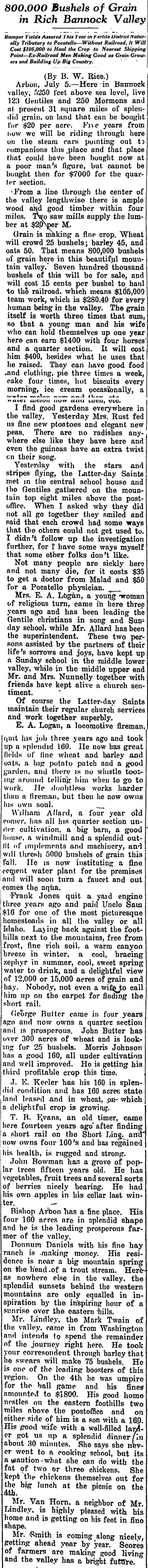 The article as printed in the Pocatello Tribune, July 8, 1913, page 4. Marshall Public Library, Pocatello.