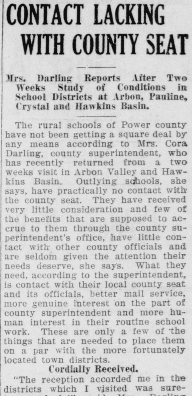 The opening of the article as printed in the American Falls Press, November 1, 1923, page 1. Library of Congress, Chronicling America.