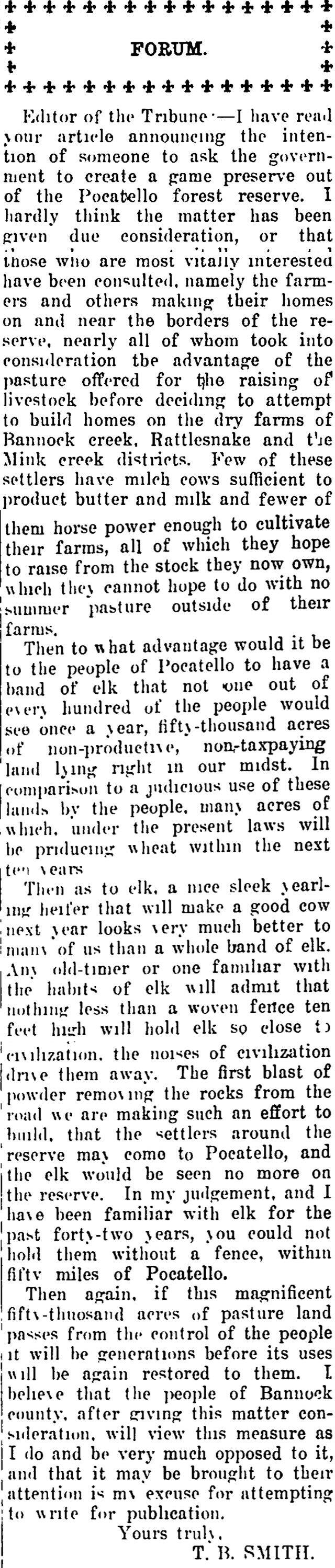 The article as printed in the Pocatello Tribune, June 28, 1913, page 4. Marshall Public Library, Pocatello.