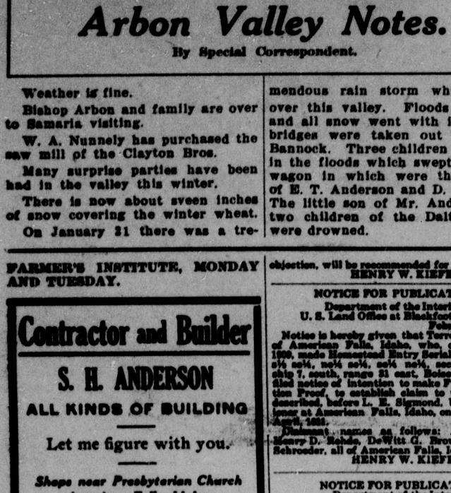 The opening of the article as printed in the American Falls Press, February 18, 1911, page 4. Library of Congress, Chronicling America.