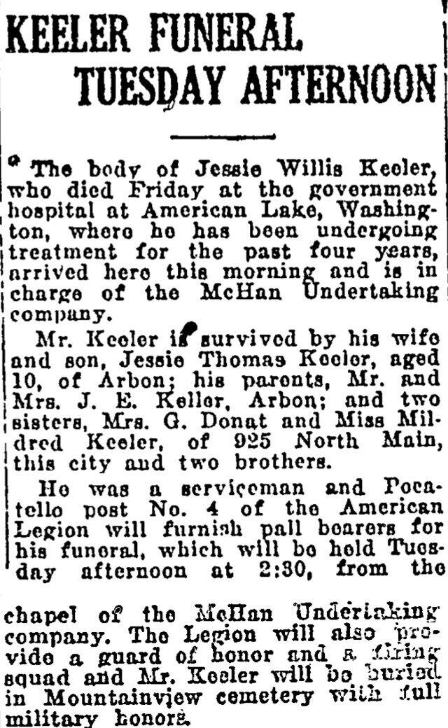 The article as printed in the Pocatello Tribune, September 14, 1925, page 5. Marshall Public Library, Pocatello.