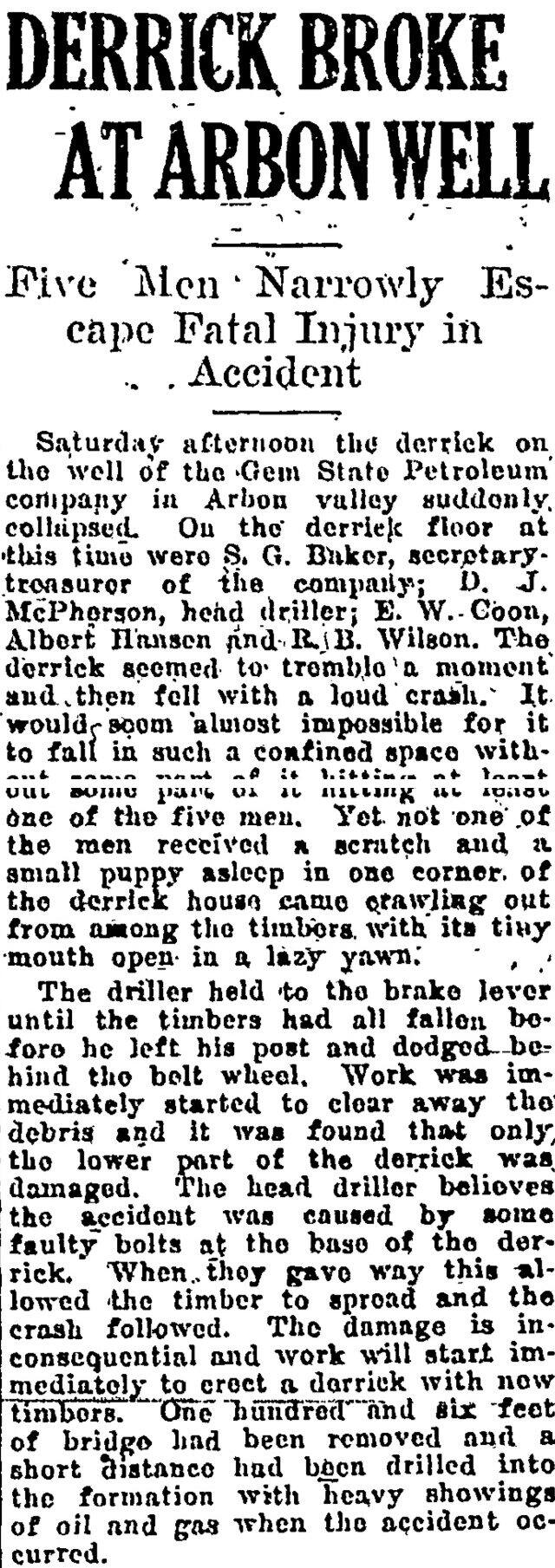 The article as printed in the Pocatello Tribune, June 27, 1926, page 7. Marshall Public Library, Pocatello.