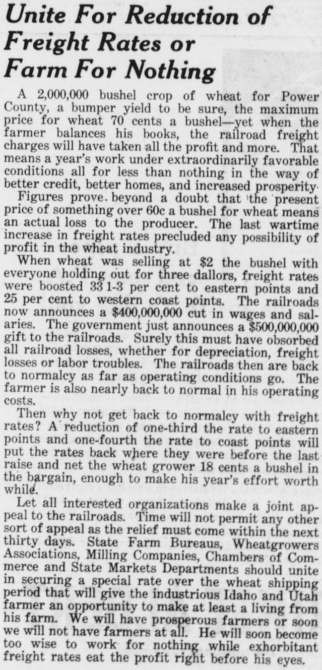 The article as printed in the American Falls Press, July 15, 1921, page 1. Library of Congress, Chronicling America.