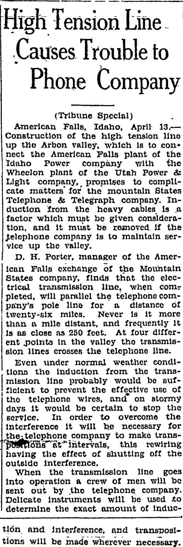 The article as printed in the Pocatello Tribune, April 13, 1927, page 12. Marshall Public Library, Pocatello.
