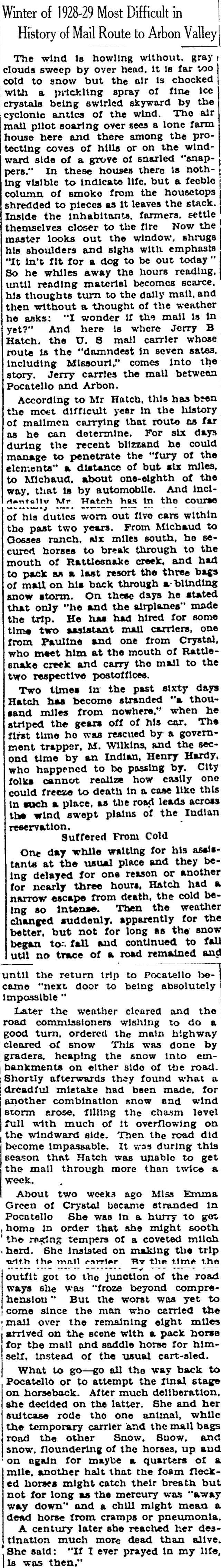 The article as printed in the Pocatello Tribune, February 22, 1929, page 7. Marshall Public Library, Pocatello.