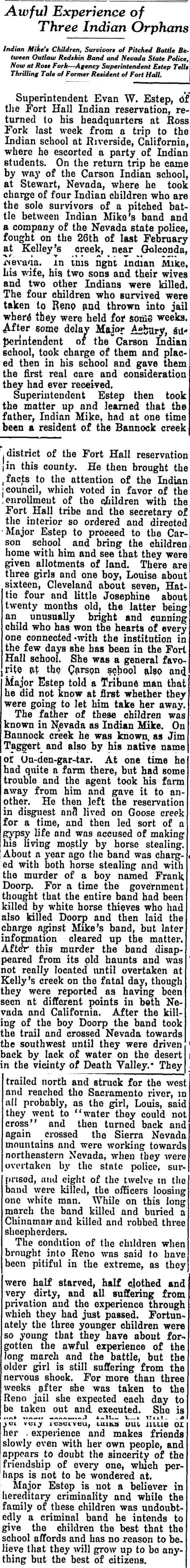 The article as printed in the Pocatello Tribune, November 25, 1911, page 8. Marshall Public Library, Pocatello.