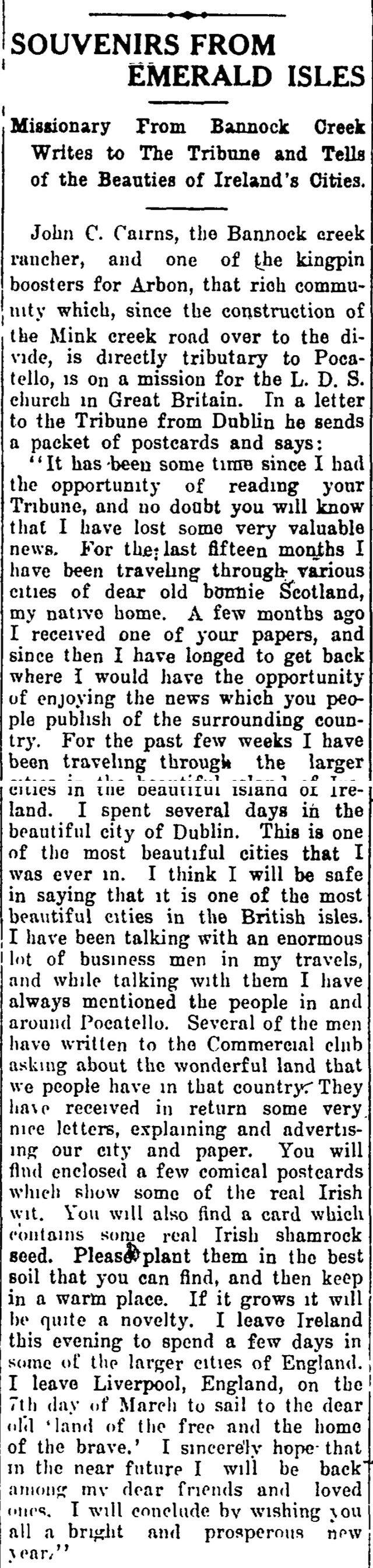 The article as printed in the Pocatello Tribune, March 7, 1912, page 6. Marshall Public Library, Pocatello.