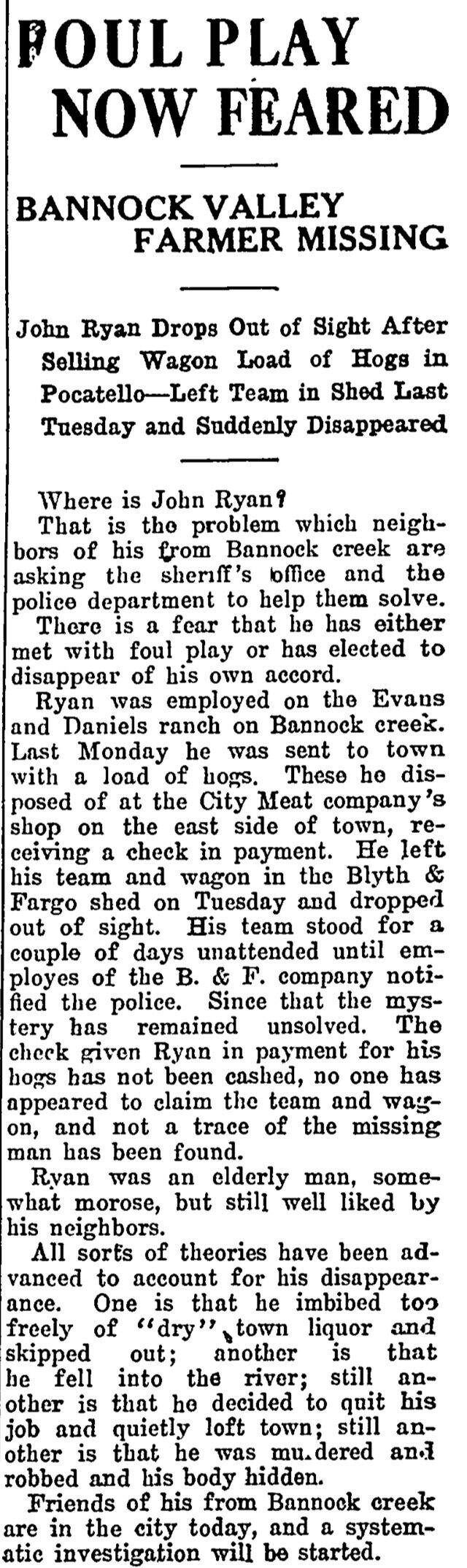 The article as printed in the Semi-Weekly Pocatello Tribune, July 2, 1913, page 1. Marshall Public Library, Pocatello.