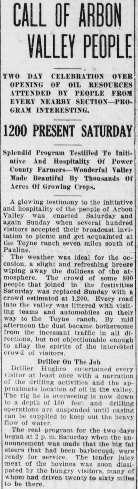 The opening of the article as printed in the American Falls Press, July 1, 1921, page 1. Library of Congress, Chronicling America.