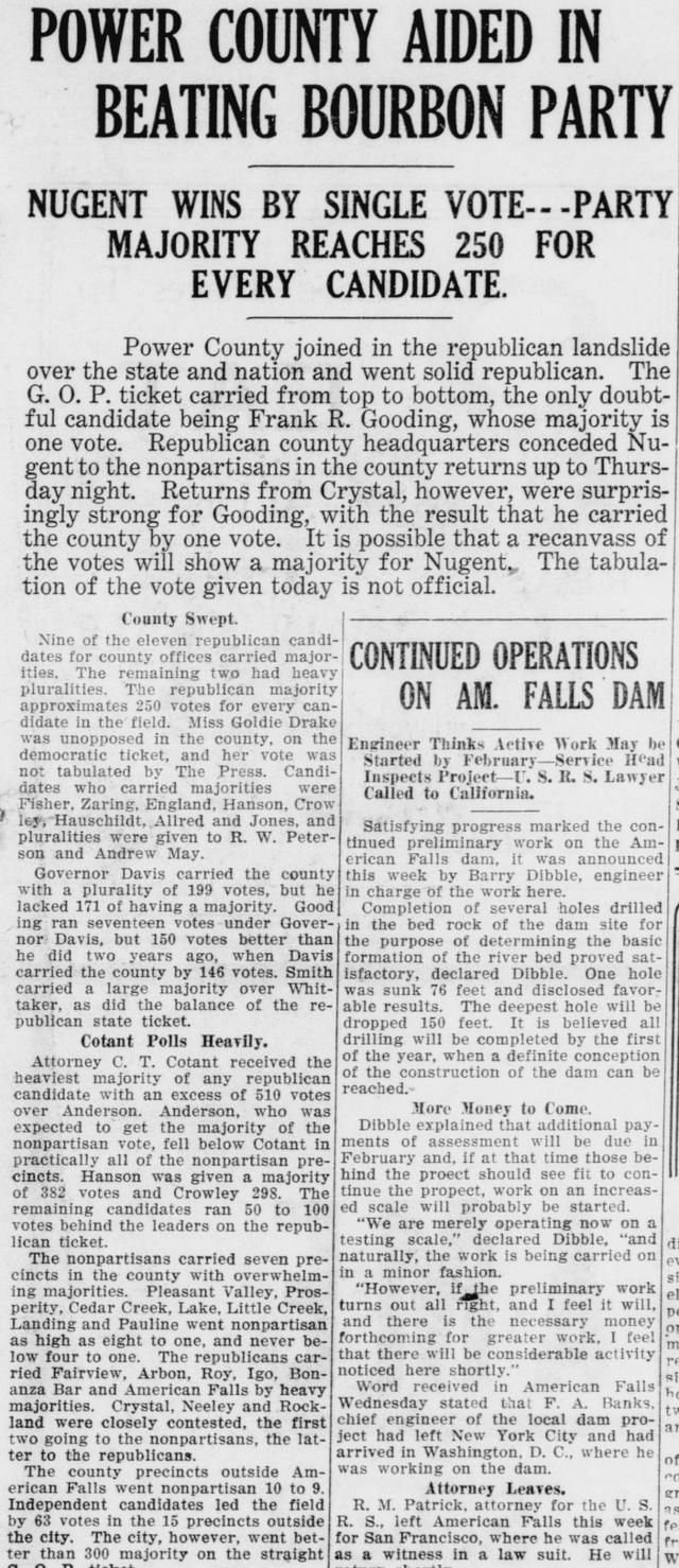 The opening of the article as printed in the American Falls Press, November 5, 1920, page 1. Library of Congress, Chronicling America.