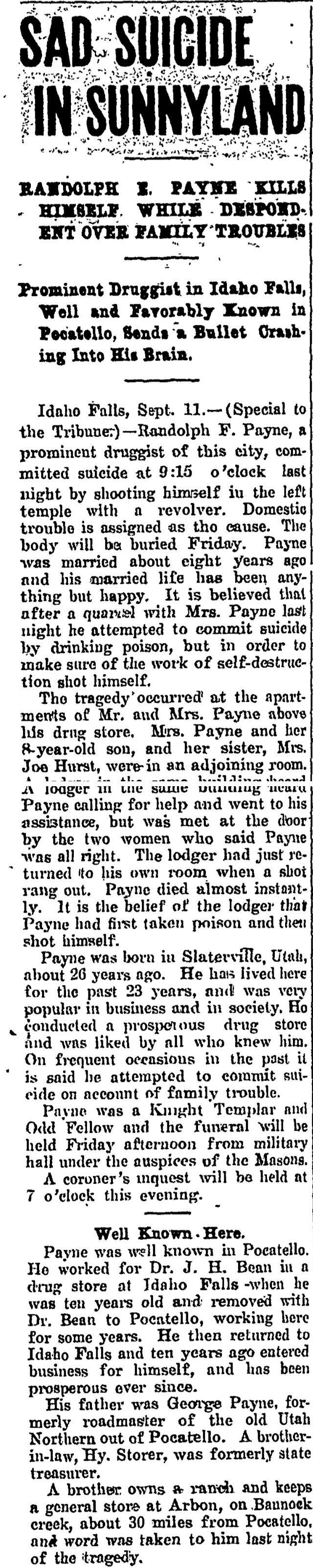The article as printed in the Pocatello Tribune, September 11, 1907, page 1. Marshall Public Library, Pocatello.