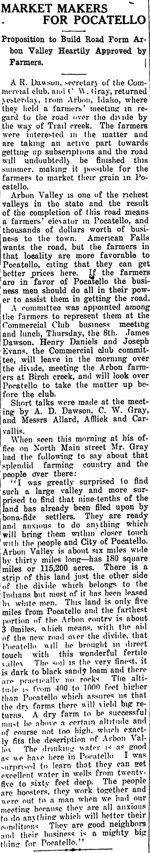 The article as printed in the Pocatello Tribune, May 6, 1913, page 1. Marshall Public Library, Pocatello.