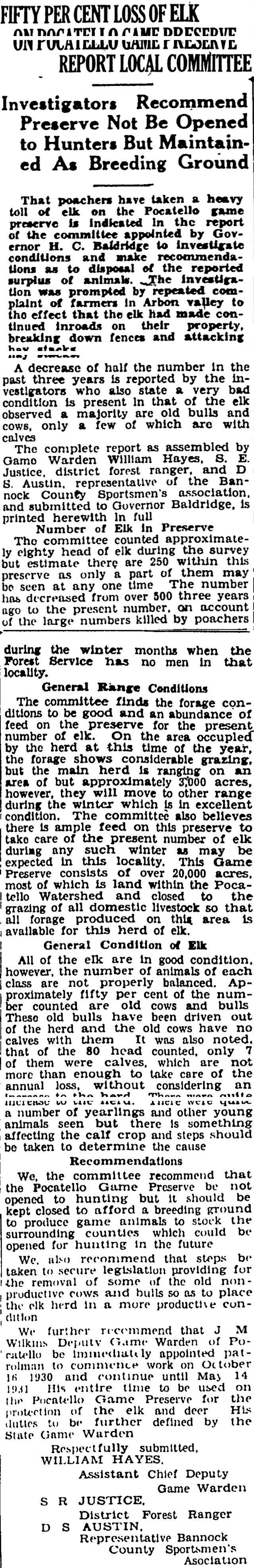The article as printed in the Pocatello Tribune, October 6, 1930, page 6. Marshall Public Library, Pocatello.