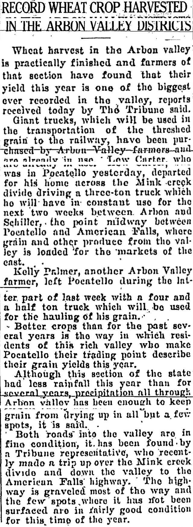 The article as printed in the Pocatello Tribune, August 31, 1926, page 10. Marshall Public Library, Pocatello.