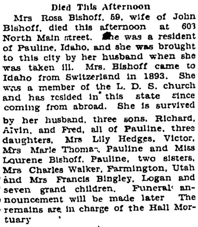 The article as printed in the Pocatello Tribune, December 6, 1928, page 12. Marshall Public Library, Pocatello.