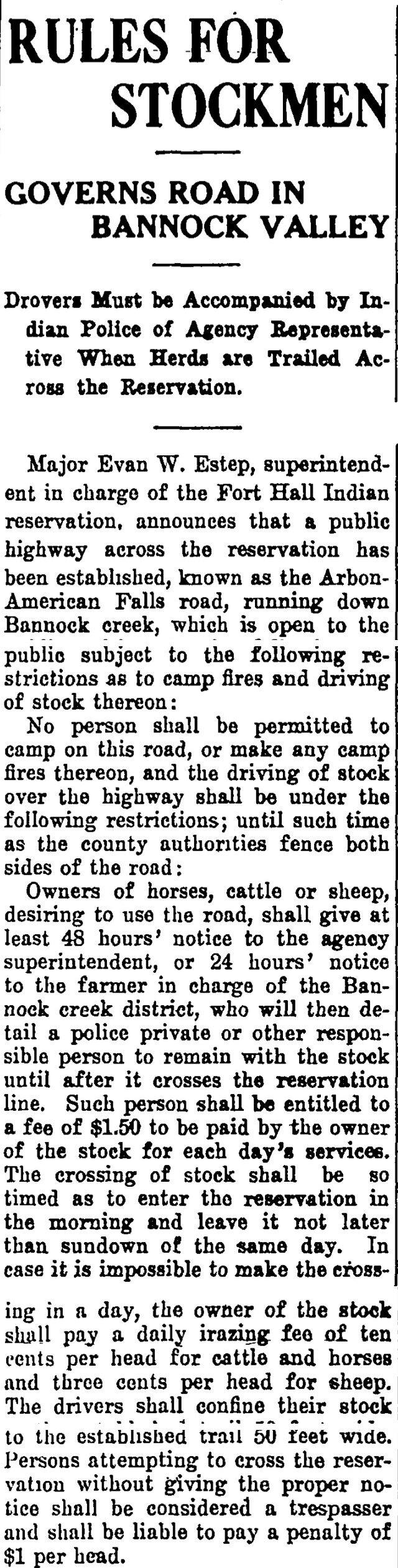 The article as printed in the Pocatello Tribune, October 18, 1911, page 6. Marshall Public Library, Pocatello.