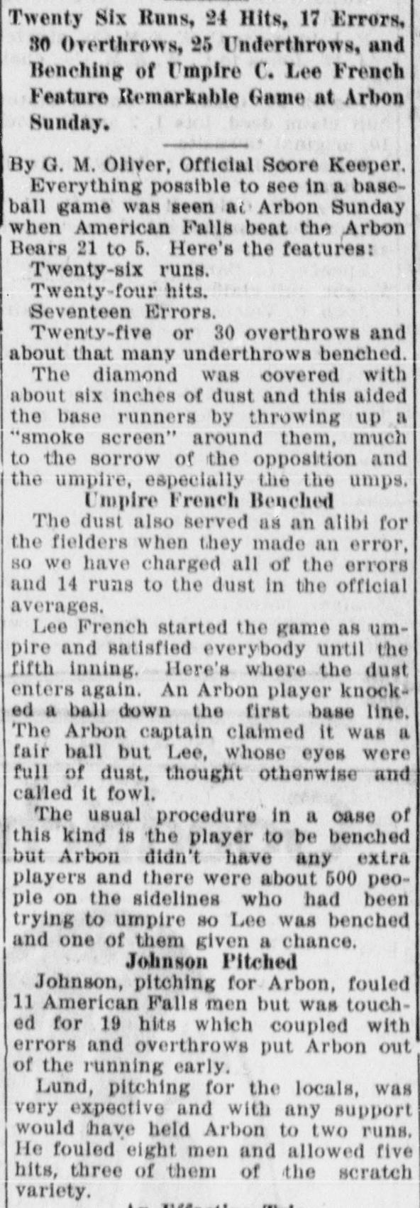 The opening of the article as printed in the American Falls Press, July 1, 1921, page 1. Library of Congress, Chronicling America.