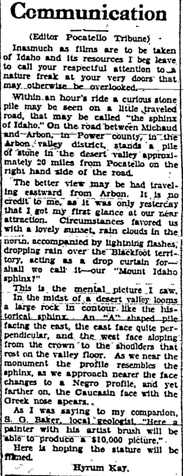 The article as printed in the Pocatello Tribune, August 30, 1929, page 3. Marshall Public Library, Pocatello.