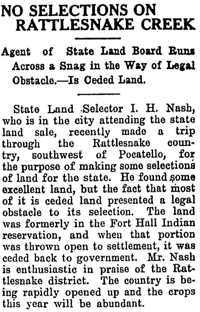 The article as printed in the Pocatello Tribune, August 4, 1911, page 6. Marshall Public Library, Pocatello.