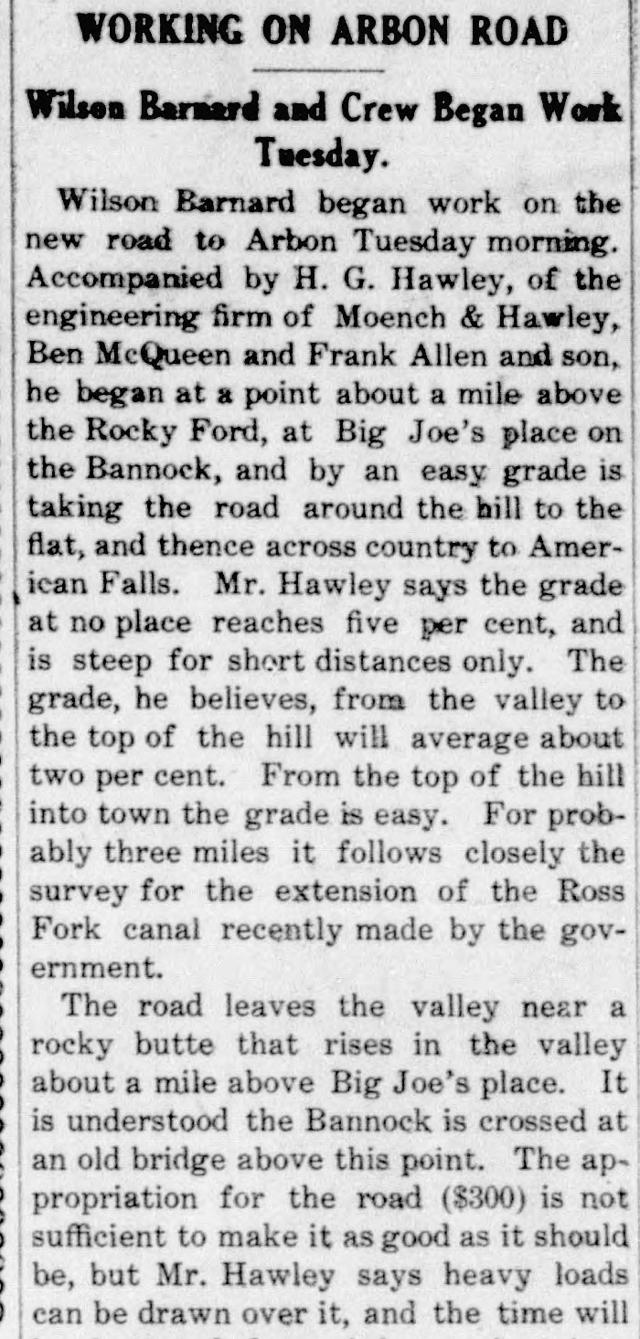 The opening of the article as printed in the American Falls Press, November 21, 1908, page 1. Library of Congress, Chronicling America.