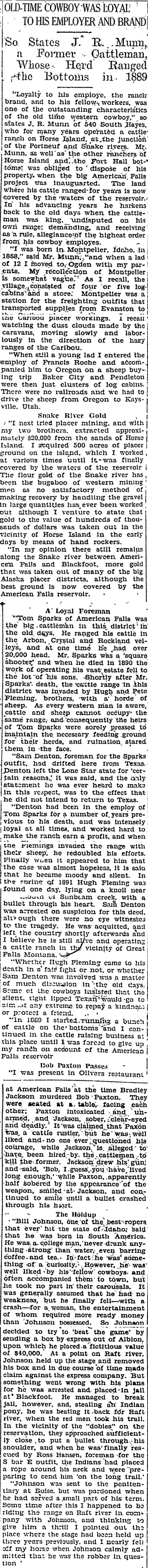The article as printed in the Pocatello Tribune, February 12, 1928, page 4. Marshall Public Library, Pocatello.