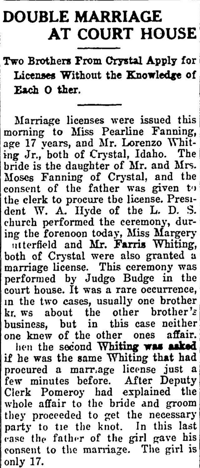 The article as printed in the Pocatello Tribune, December 4, 1912, page 4. Marshall Public Library, Pocatello.