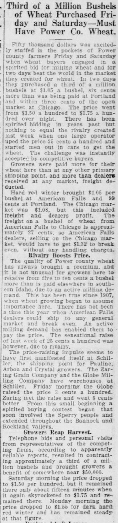 The opening of the article as printed in the American Falls Press, October 18, 1923, page 1. Library of Congress, Chronicling America.