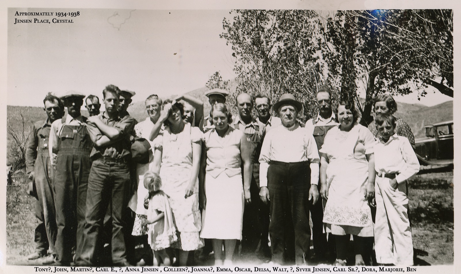 The Bengtson-Hayden and Jensen families at the Jensen place, Crystal, about 1934–38