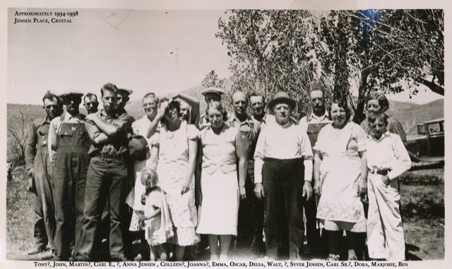 The Bengtson-Hayden and Jensen families at the Jensen place, Crystal, about 1934–38
