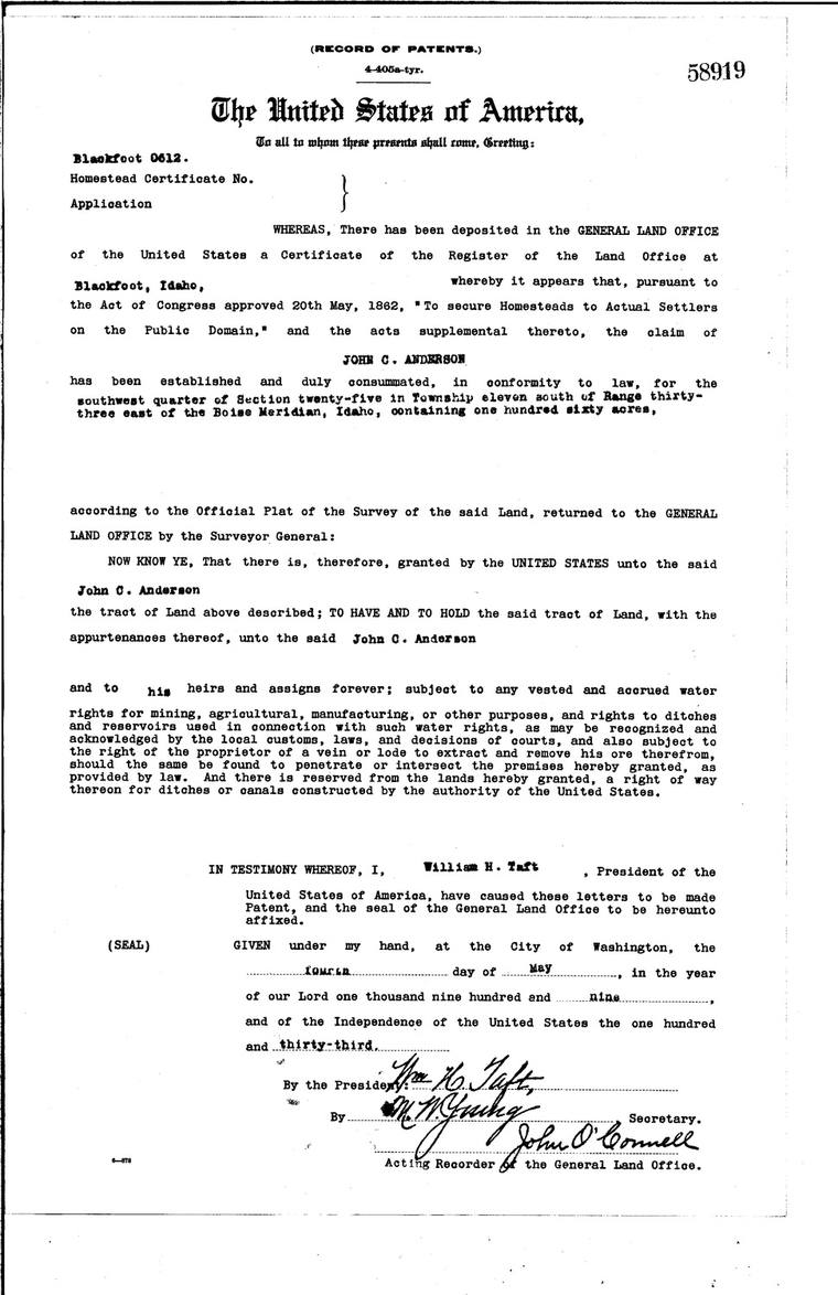 Homestead patent to John C. Anderson, 1909