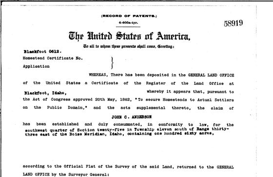 Homestead patent to John C. Anderson, 1909