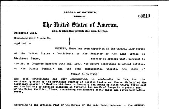 Homestead patent to Thomas D. Daniels, 1909