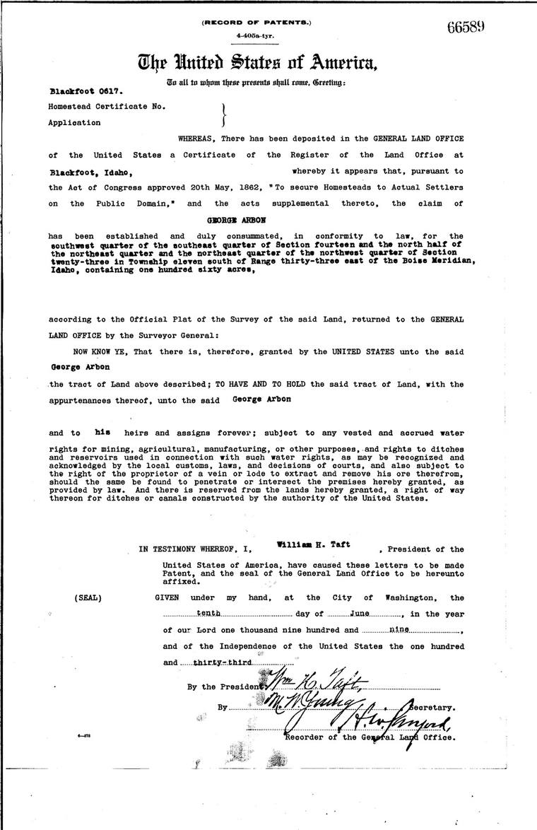 Homestead patent to George Arbon, 1909