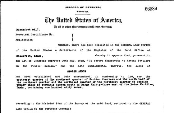 Homestead patent to George Arbon, 1909