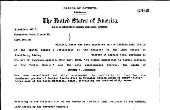 Homestead patent to Andrew O. (Otto) Anderson, 1909