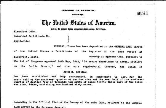 Homestead patent to John M. Daniels, 1909