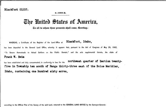 Homestead patent to Frank W. Swim, 1913