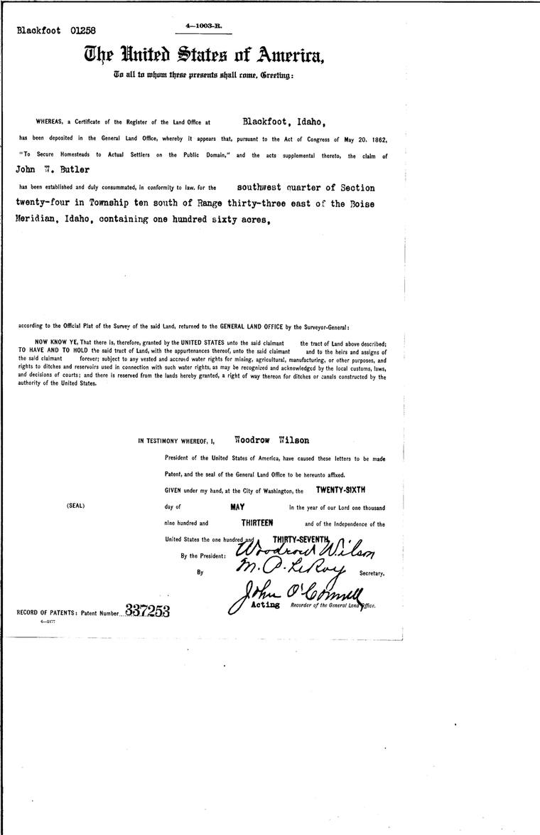 Homestead patent to John W. Butler, 1913