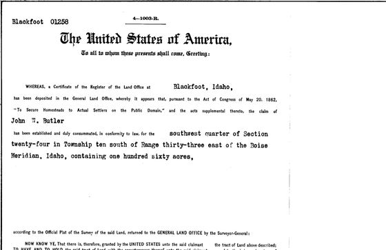 Homestead patent to John W. Butler, 1913