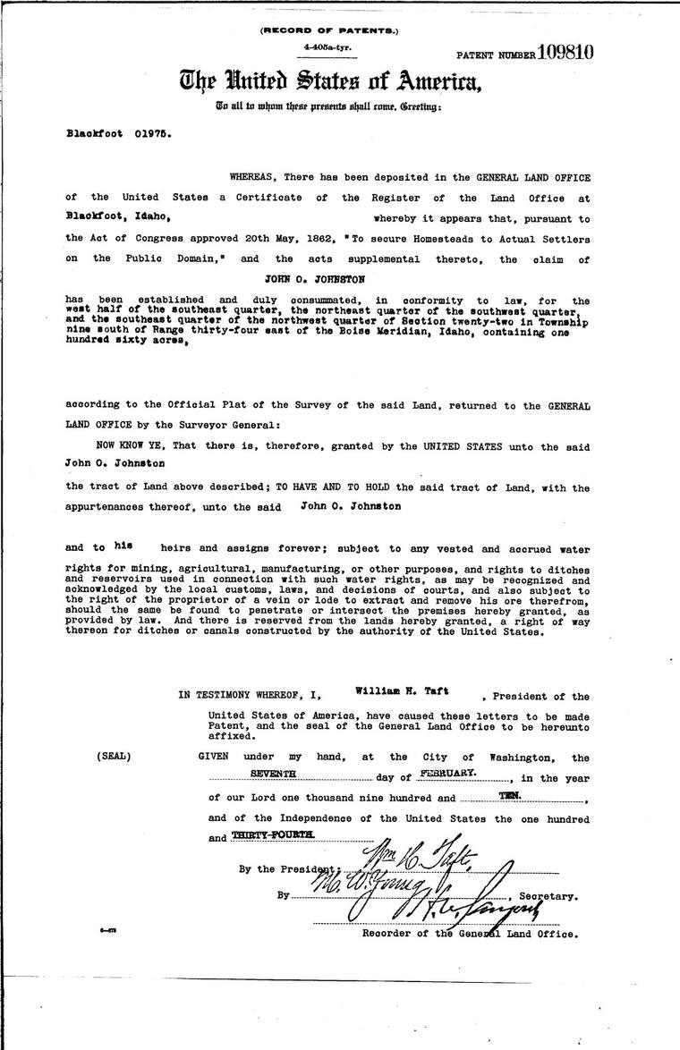 Homestead patent to John O. Johnston, 1910