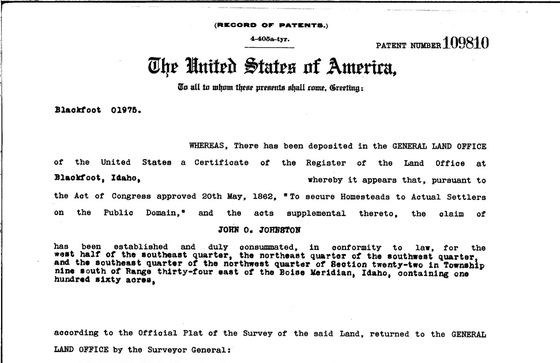 Homestead patent to John O. Johnston, 1910