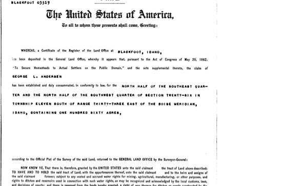 Homestead patent to George L. Andersen, 1912