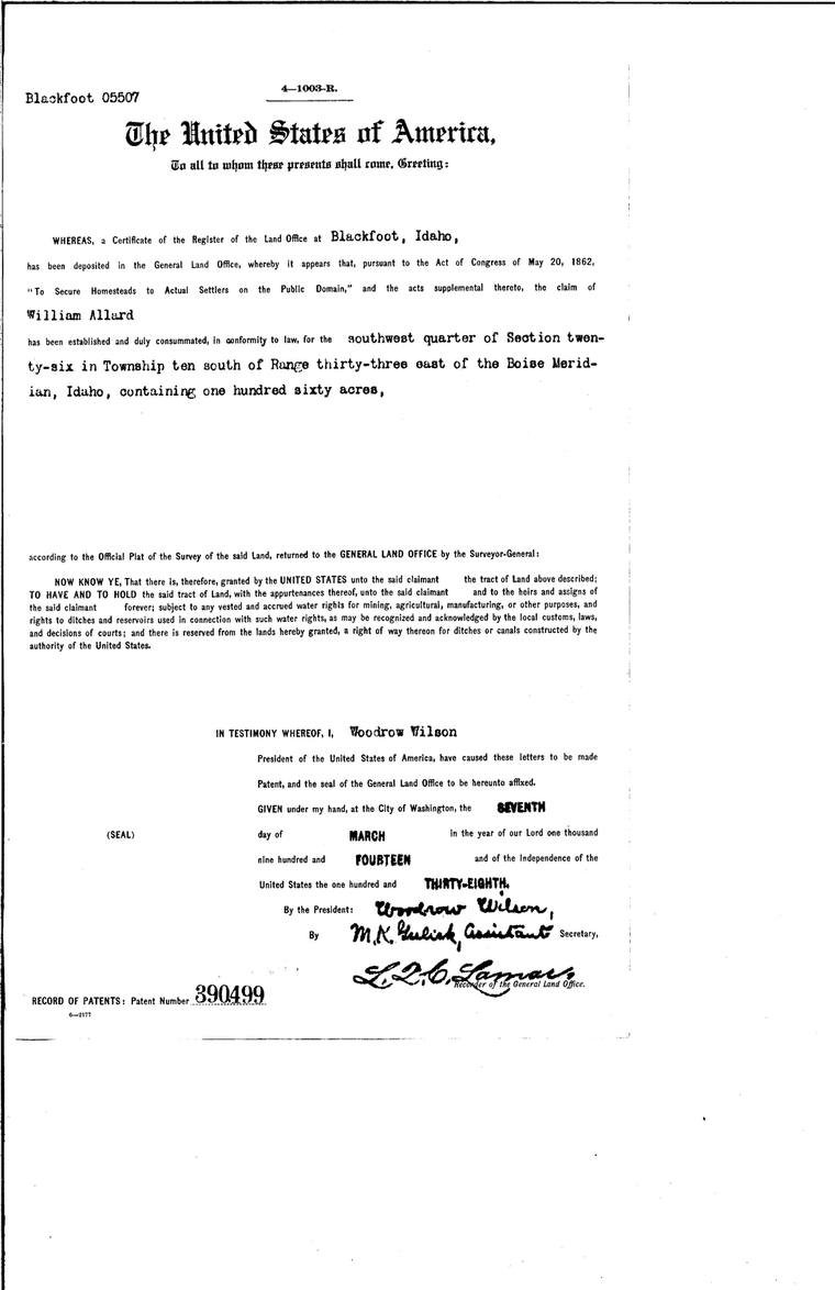 Homestead patent to William Allard, 1914