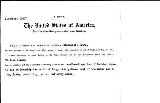 Homestead patent to William Allard, 1914