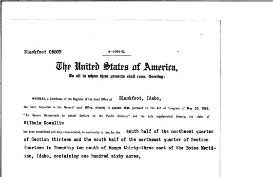 Homestead patent to Wilhelm Kowallis, 1916